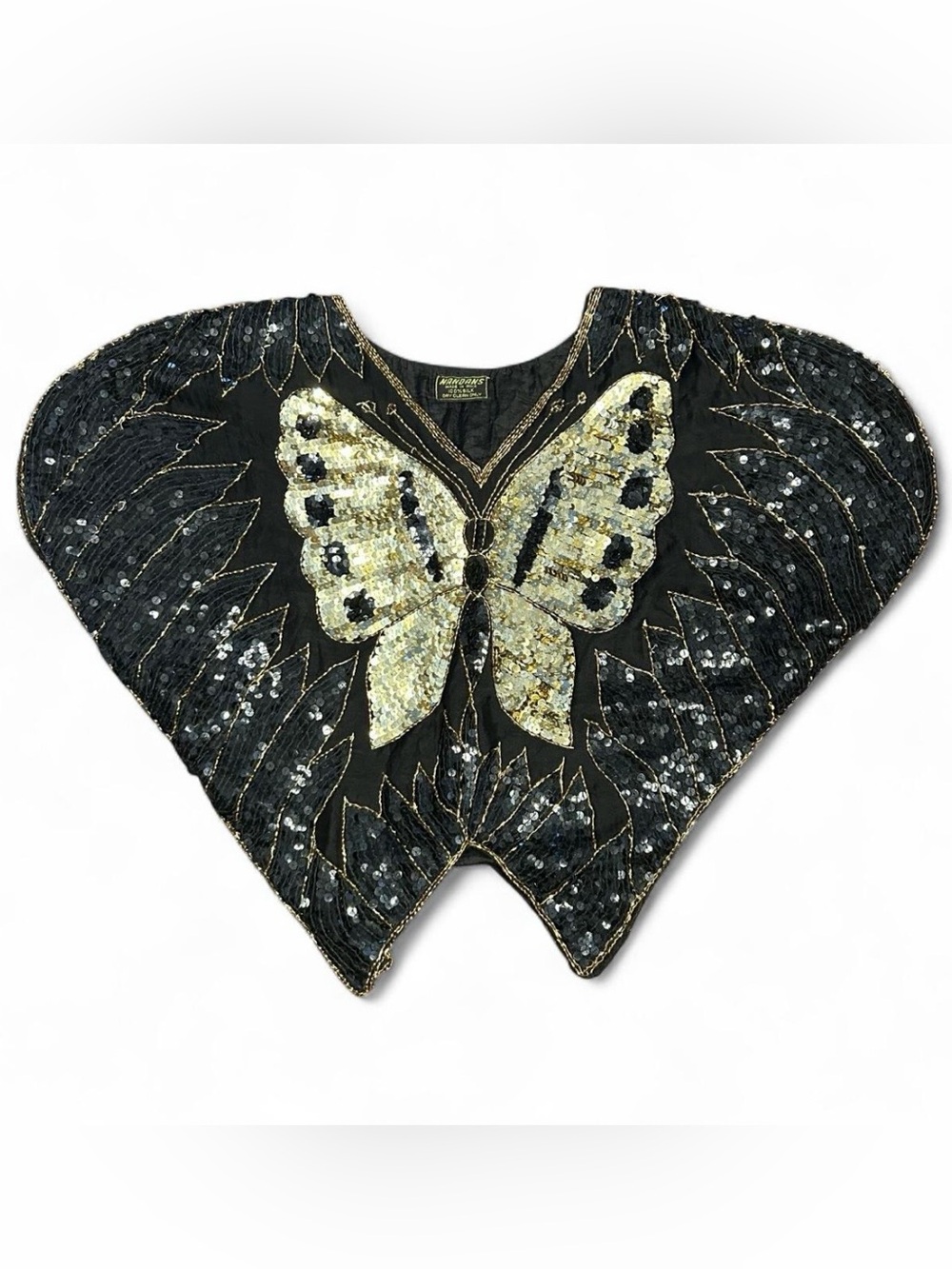 1970’d Silk Sequin Embellished Butterfly Cape Top - Black & Gold